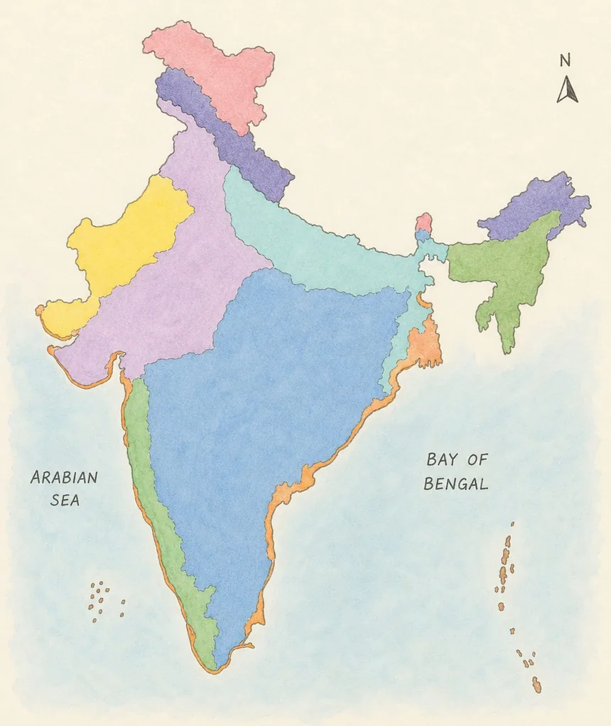 Hand-illustrated map of India's ten biogeographic zones